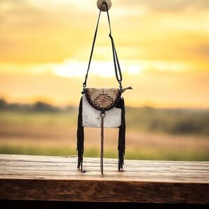 Myra Cowhide Leather Crossbody Bag with Fringe and Embroidered Flap